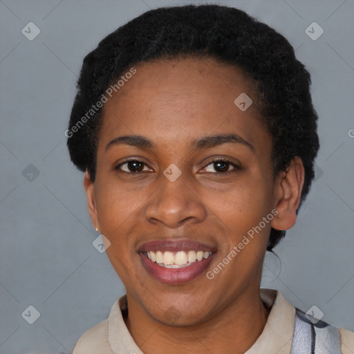 Joyful latino young-adult female with short  black hair and brown eyes