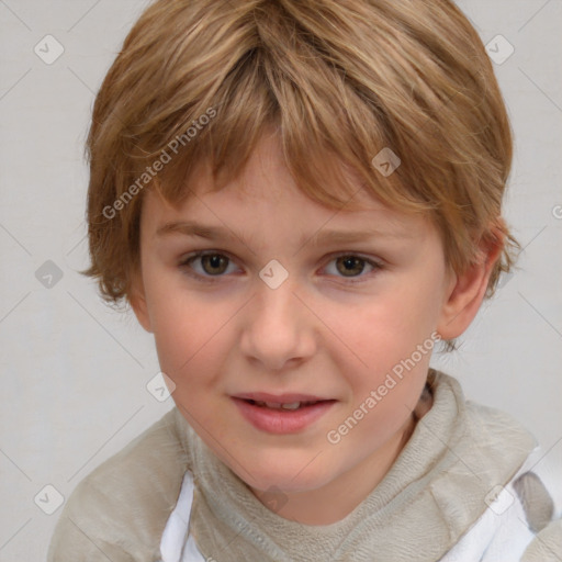 Joyful white child female with medium  brown hair and brown eyes