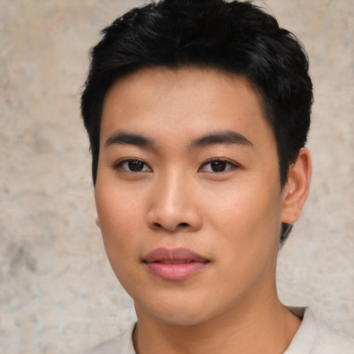 Neutral asian young-adult male with short  black hair and brown eyes