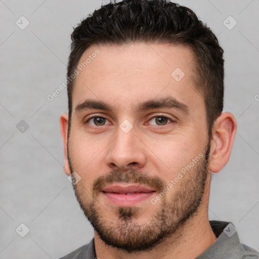 Joyful white young-adult male with short  brown hair and brown eyes