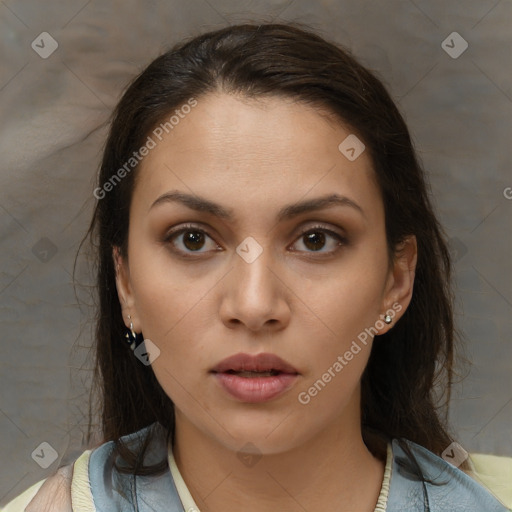 Neutral white young-adult female with medium  brown hair and brown eyes