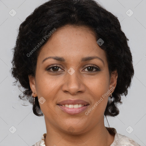 Joyful latino adult female with short  brown hair and brown eyes