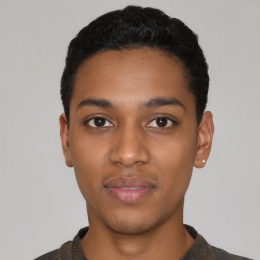 Neutral black young-adult male with short  black hair and brown eyes