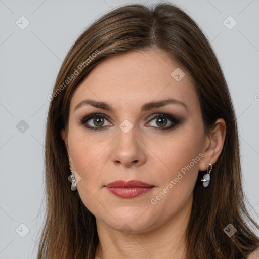 Joyful white young-adult female with long  brown hair and grey eyes