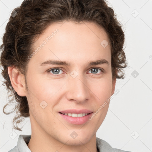 Joyful white young-adult male with medium  brown hair and brown eyes