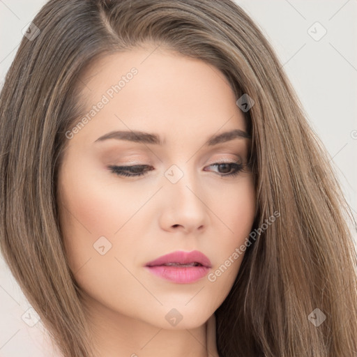 Neutral white young-adult female with long  brown hair and brown eyes