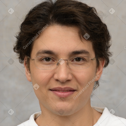 Joyful white adult female with short  brown hair and brown eyes