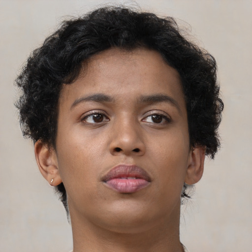 Neutral asian young-adult female with short  brown hair and brown eyes
