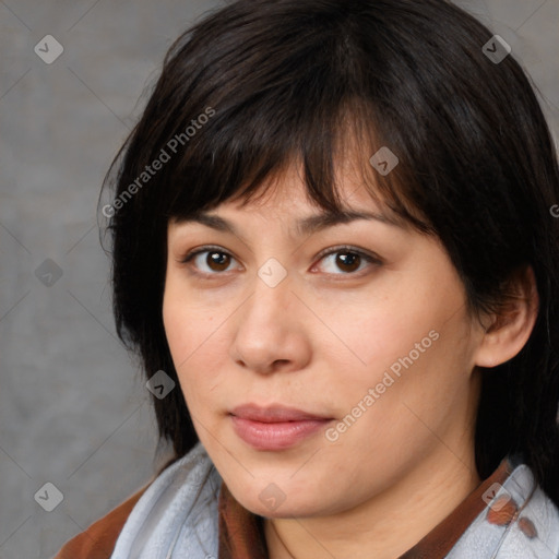 Neutral white young-adult female with medium  brown hair and brown eyes