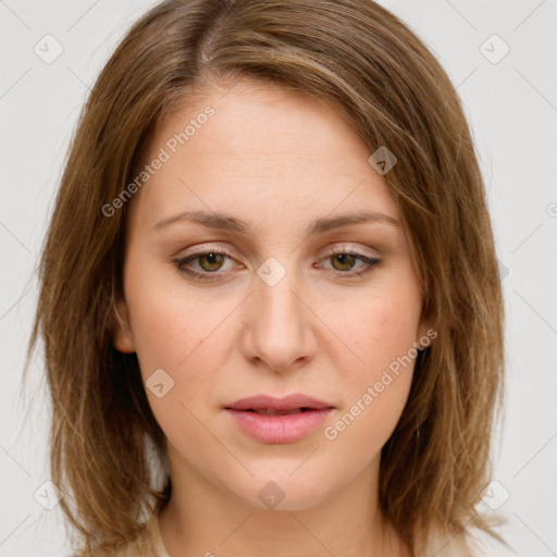 Joyful white young-adult female with medium  brown hair and green eyes