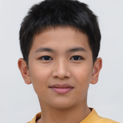 Joyful asian child male with short  brown hair and brown eyes