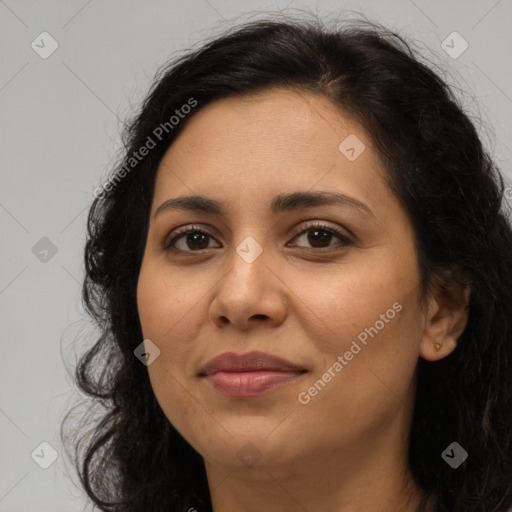 Joyful latino young-adult female with long  brown hair and brown eyes