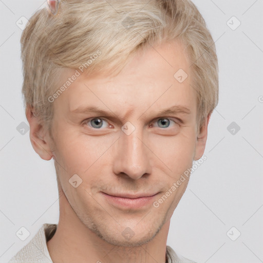 Joyful white adult male with short  brown hair and grey eyes