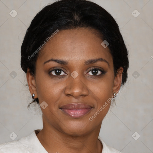 Joyful black young-adult female with medium  brown hair and brown eyes