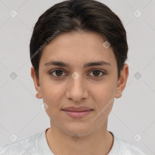 Joyful white young-adult female with short  brown hair and brown eyes