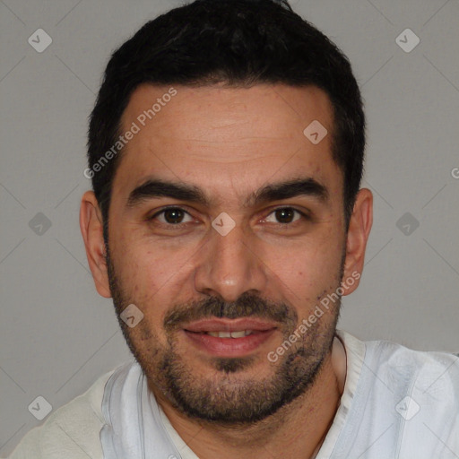 Joyful white young-adult male with short  black hair and brown eyes