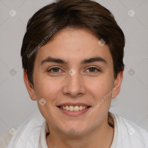 Joyful white young-adult female with short  brown hair and brown eyes