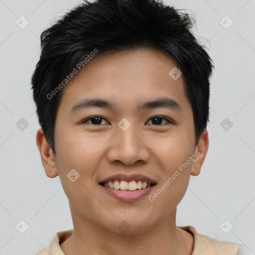 Joyful asian young-adult male with short  brown hair and brown eyes