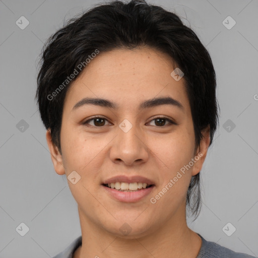 Joyful asian young-adult female with medium  brown hair and brown eyes