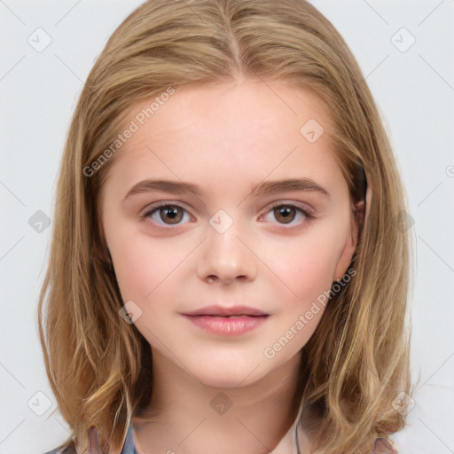 Joyful white child female with medium  brown hair and brown eyes