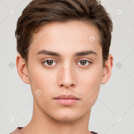 Neutral white young-adult male with short  brown hair and brown eyes