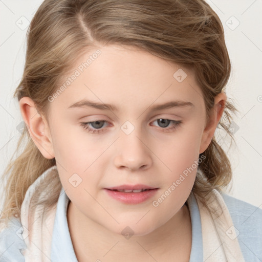 Joyful white child female with medium  brown hair and blue eyes