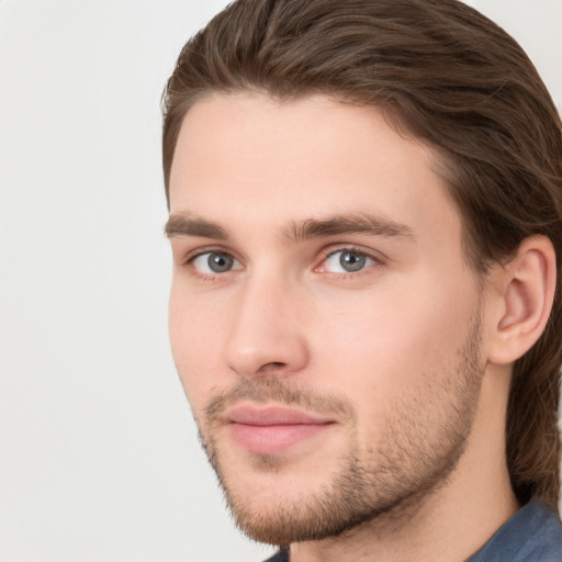 Neutral white young-adult male with short  brown hair and grey eyes