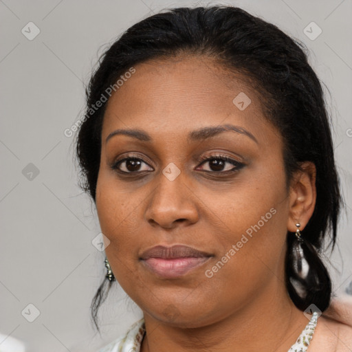 Joyful black young-adult female with medium  brown hair and brown eyes