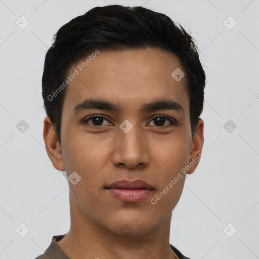 Neutral latino young-adult male with short  black hair and brown eyes