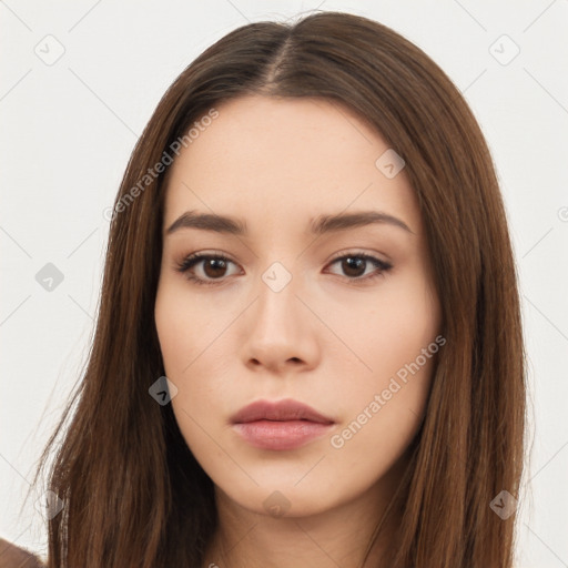 Neutral white young-adult female with long  brown hair and brown eyes