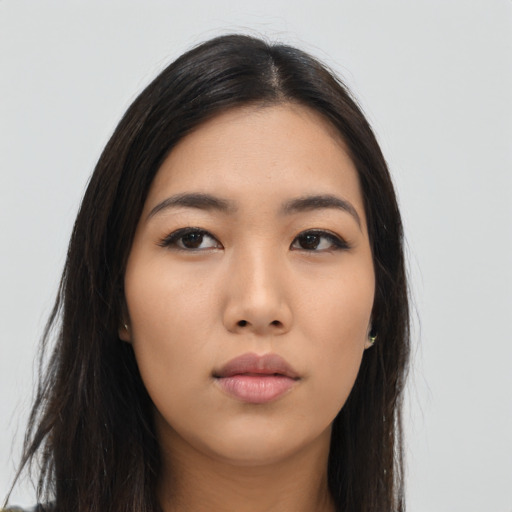 Neutral asian young-adult female with long  black hair and brown eyes