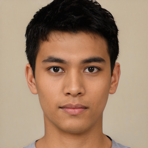 Neutral asian young-adult male with short  black hair and brown eyes