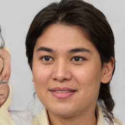 Joyful white young-adult female with medium  brown hair and brown eyes