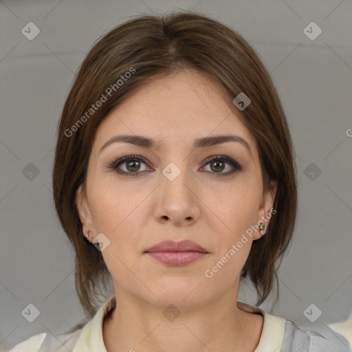 Neutral white young-adult female with medium  brown hair and brown eyes