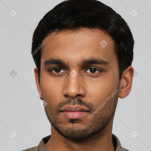 Neutral latino young-adult male with short  black hair and brown eyes