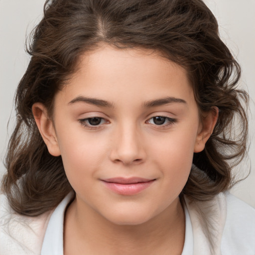 Joyful white child female with medium  brown hair and brown eyes