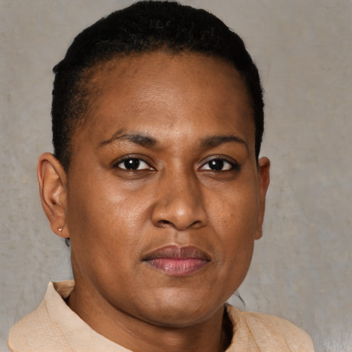 Neutral black young-adult female with short  brown hair and brown eyes