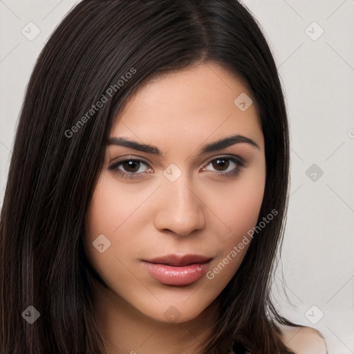 Neutral white young-adult female with long  brown hair and brown eyes