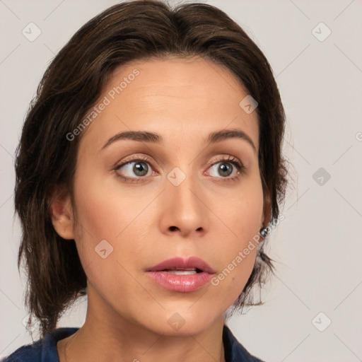 Neutral white young-adult female with medium  brown hair and brown eyes