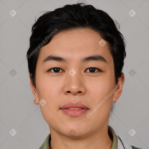 Neutral asian young-adult male with short  black hair and brown eyes