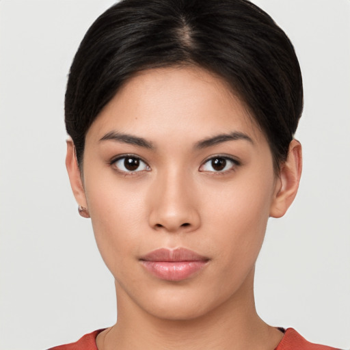 Neutral asian young-adult female with short  brown hair and brown eyes