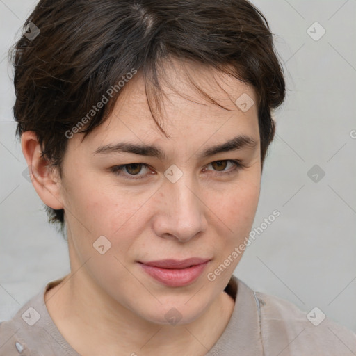 Joyful white young-adult female with medium  brown hair and brown eyes