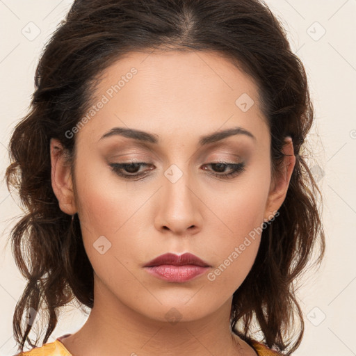 Neutral white young-adult female with long  brown hair and brown eyes