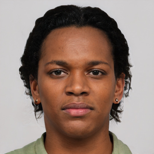 Neutral black young-adult female with short  black hair and brown eyes