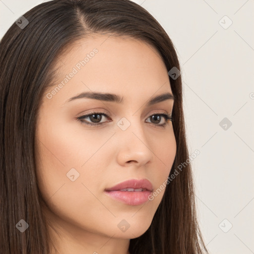 Neutral white young-adult female with long  brown hair and brown eyes