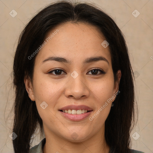 Joyful latino young-adult female with medium  brown hair and brown eyes