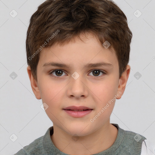 Joyful white child male with short  brown hair and brown eyes