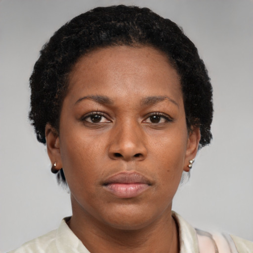 Neutral latino young-adult female with short  brown hair and brown eyes