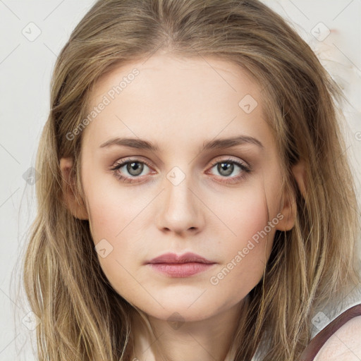 Neutral white young-adult female with medium  brown hair and grey eyes