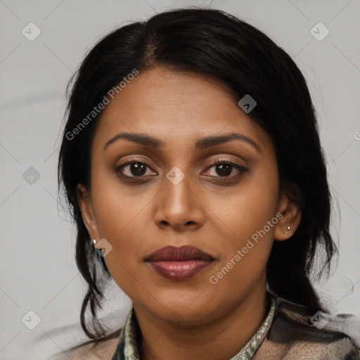 Joyful latino young-adult female with medium  black hair and brown eyes